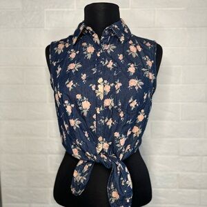 Floral Sleeveless Button Down with Tie-Front